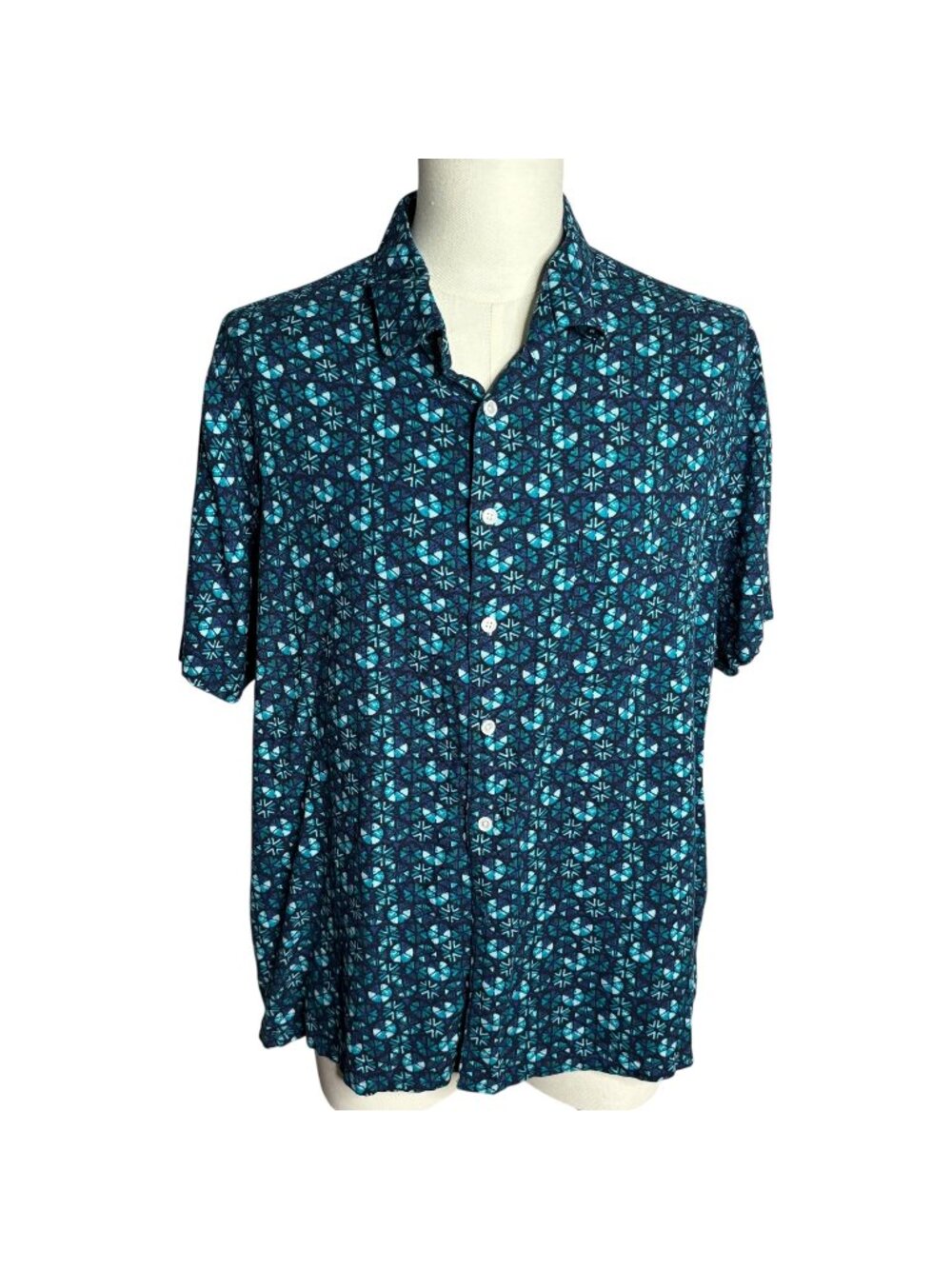 Tasso Elba Button Up Short Sleeve Shirt XXL Blue Geometric Chest Pocket